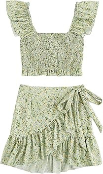 MakeMeChic Women's Two Piece Ruffle Trim Cami Crop Top and Wrap Skirt Set | Amazon (US)