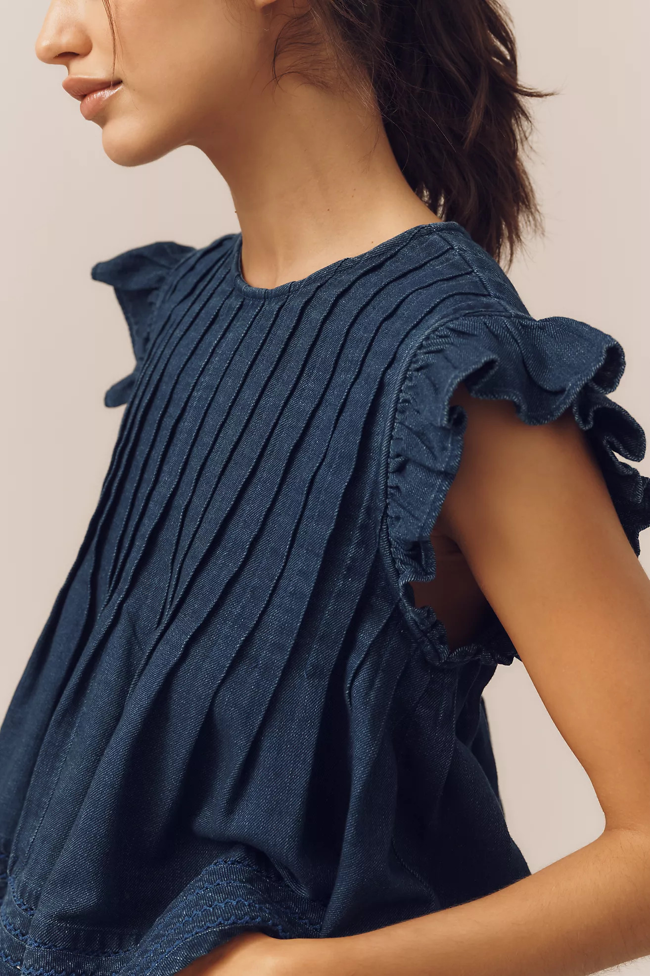 Pilcro Ruffle-Sleeve Pleated Denim Swing Top | Anthropologie (US)