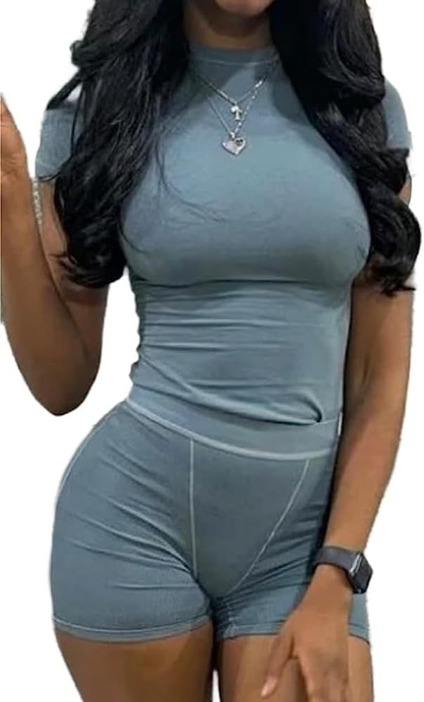 Casual Workout Two Piece Outfits for Women Fitted Crew Neck T-shirt High Waist pants Matching Set... | Amazon (US)