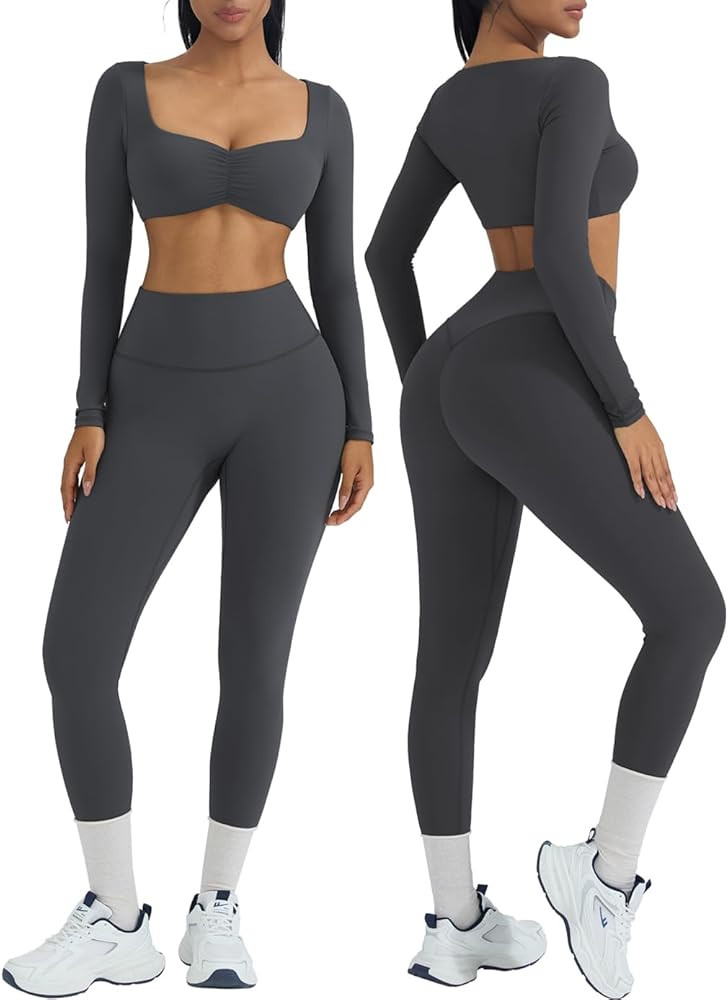 OMKAGI 2 Piece Workout Sets for Women Long Sleeve Padded Sports Bra High Waisted Gym Outfits with... | Amazon (US)