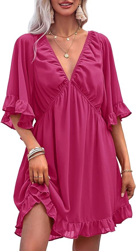Fisoew Womens Summer Deep V Neck Mini Dress Backless Casual Loose Ruffle Flowy Sundress | Amazon (US)