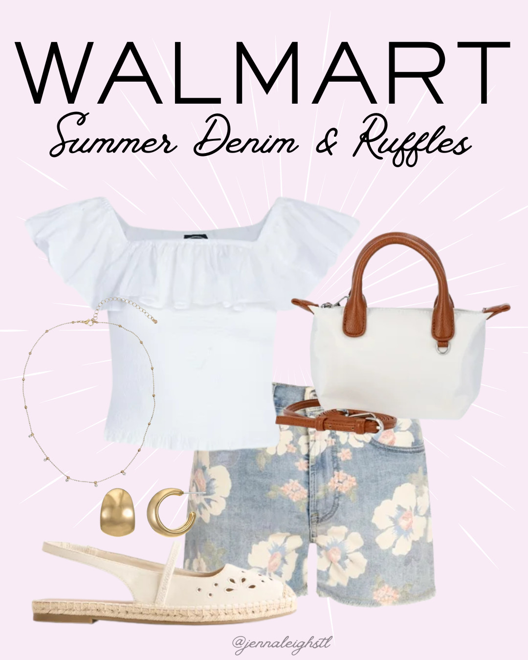 Putting together the cutest Walmart outfit with these Jessica Simpson denim shorts, a flowy ruffle top, espadrille sandals, and the perfect mini tote bag. Such a fun look for summer dinners, vacations, and everyday wear. 

 #LTKootd #LTKSeasonal #LTKMidsize