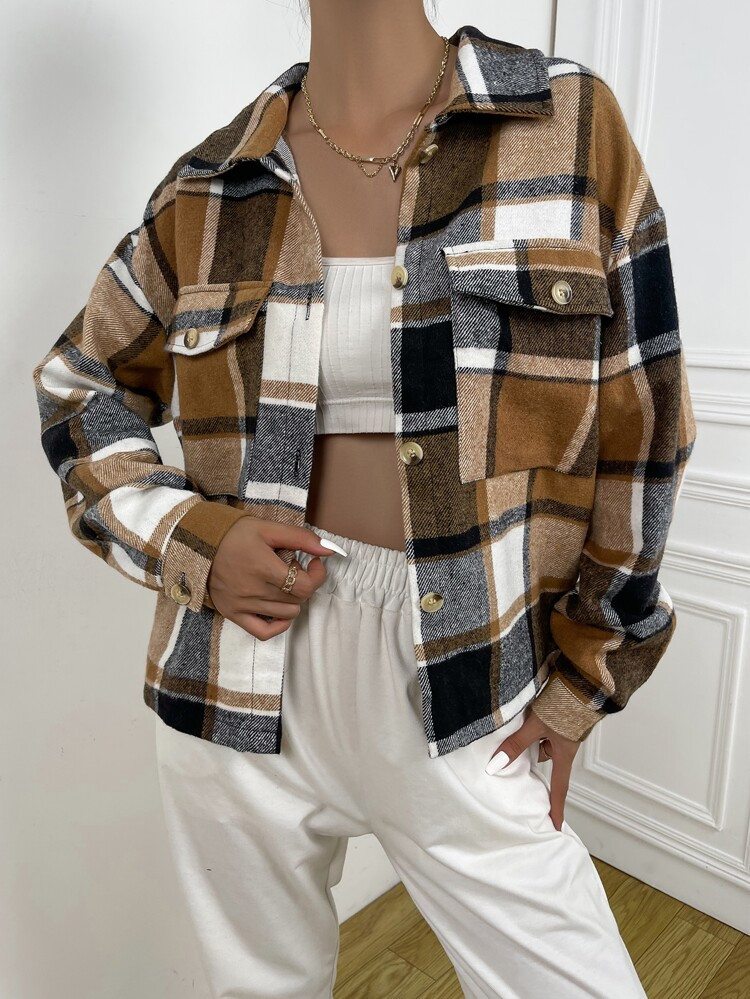 Plaid Flap Pocket Drop Shoulder Overcoat | SHEIN