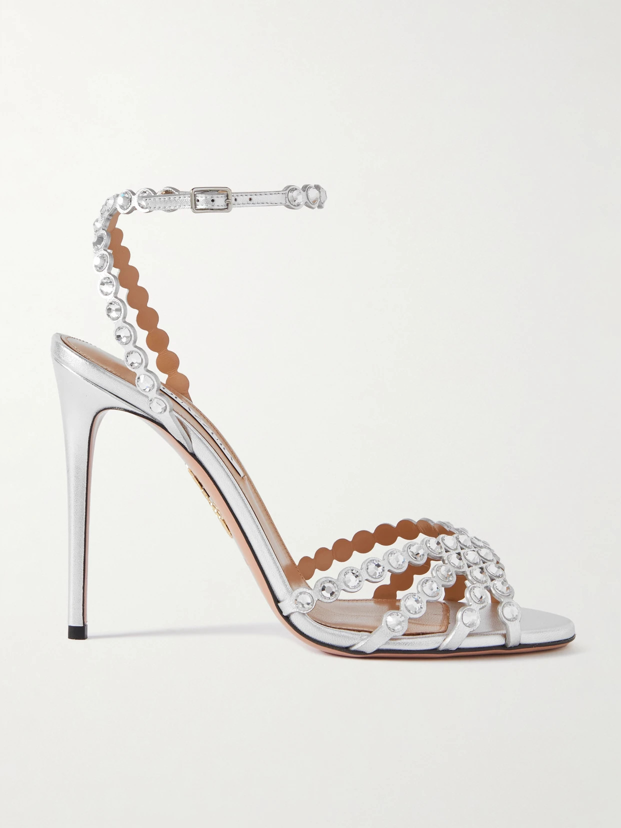 Aquazzura - Tequila 105 Crystal-embellished Metallic Leather Sandals - Silver | NET-A-PORTER (UK & EU)
