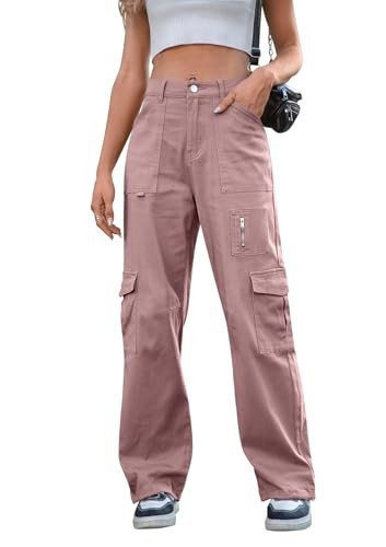 IVIR Cargo Pants Y2K Wide Leg Jeans Pants for Women High Waisted with Pockets Baggy Loose Joggers Pink XS | Amazon (US)
