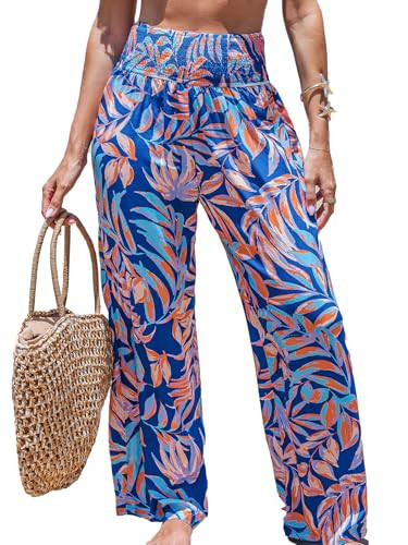 CUPSHE Women Swimsuit Cover Ups Pants High Waist Smokced Wide Leg Beach Vacation Outfits Tropical Leaf, L | Amazon (US)