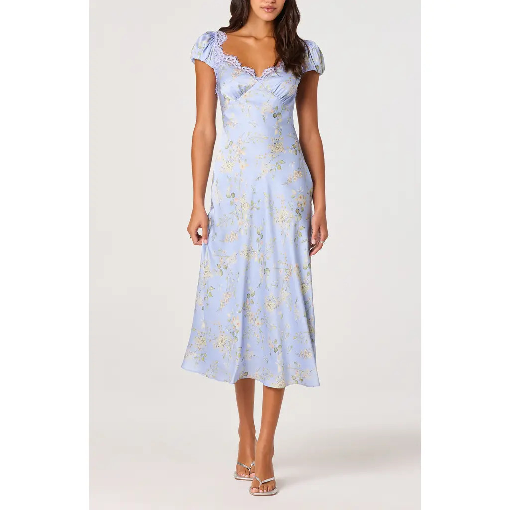 ASTR the Label Makaela Floral Satin Midi Dress in Blue Floral at Nordstrom, Size Large | Nordstrom