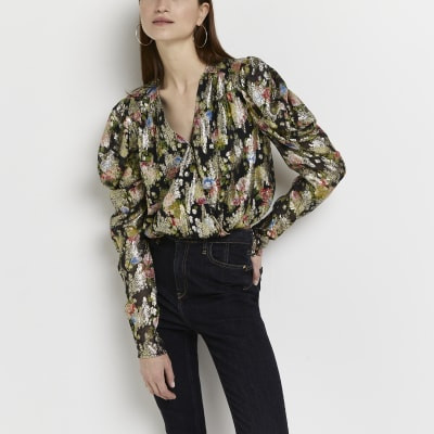 Black floral wrap top | River Island (UK & IE)