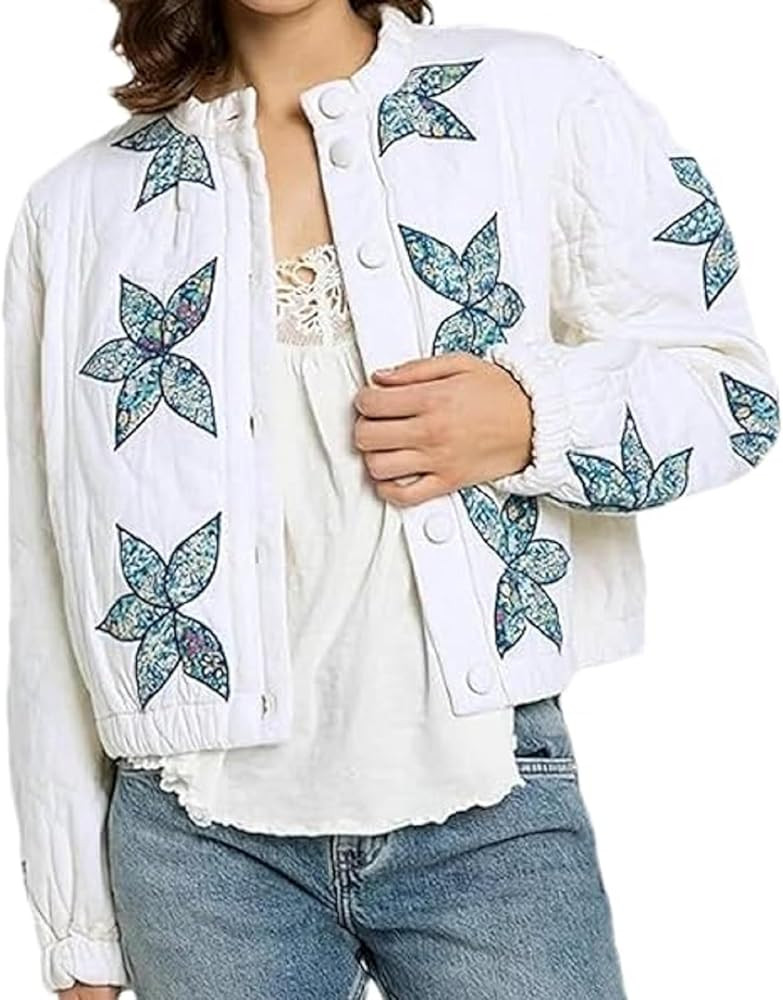 Muineobuka Women Floral Cropped Quilted Jackets Long Sleeve Button Down Flower Print Lightweight ... | Amazon (US)
