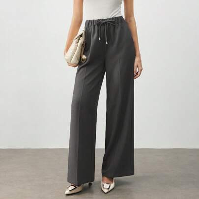 Pantalones palazzo con lazo gris para mujer, elegantes para vacaciones, románticos para el transporte, adecuados para una cita del Día de San Valentín | SHEIN