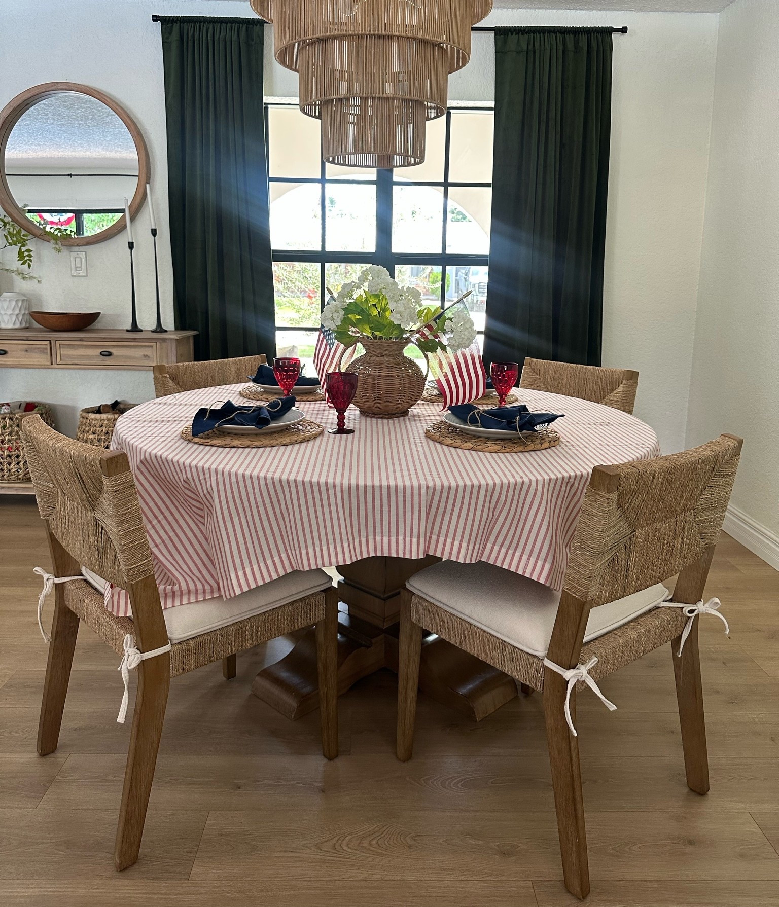 Summer dining room table

4th of July table setting. I used this red and white striped shower curtain I found last minute on clearance as a tablecloth. Mixed in my Amazon woven placements with my vintage red goblet glasses and navy blue napkins. 

Fourth of July
Summer
Poolside
Bbq
Barbecue 
Outdoor table
Outdoor kitchen 
4th of July party 
Amazon 
Pottery barn 
At home 
Studio McGee 
Magnolia 
Summer flowers
Garden
Nancy Meyers holiday 
Cottage 
Coastal beach house 
Cozy home 
Home decor
Backyard
Patio
Porch 
American bunting flag
Vintage
Glasses 
Glassware
American flag 
Flag
Bunting flag 
Porch 
Backyard
Patio
Garden
Memorial Day
Long weekend

#LTKHome #LTKSaleAlert #LTKSeasonal
