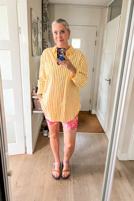 Ootd - Friday. Cleaning all day and the weather is all over the place so I am wearing Maya Freya biker shorts and a linen blend yellow striped shirt. Paired with Teva sandals. Life can’t always be fashun 🤪

#LTKeurope #LTKmidsize #LTKsummer