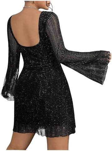 Floerns Women's Plus Size Sequin Backless Bell Sleeve Mesh Party Bodycon Mini Dress | Amazon (US)