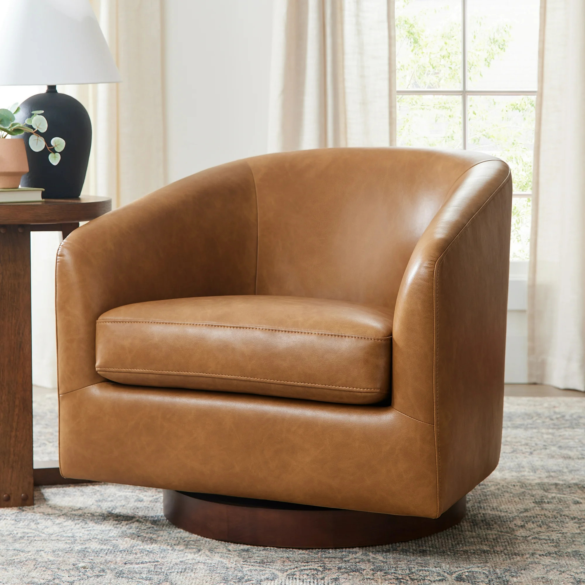 Better Homes & Gardens Bradford Wooden Base Swivel Chair, Chestnut Faux Leather | Walmart (US)