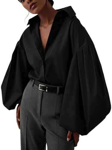 Women's Lapel Collar Button Down Lantern Long Sleeve Blouse Shirt Top | Amazon (US)