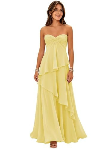 Jmqvz Tiered Ruffles Bridesmaid Dresses for Women Yellow Chiffon Summer A Line Wedding Guest Dress Size 2 | Amazon (US)