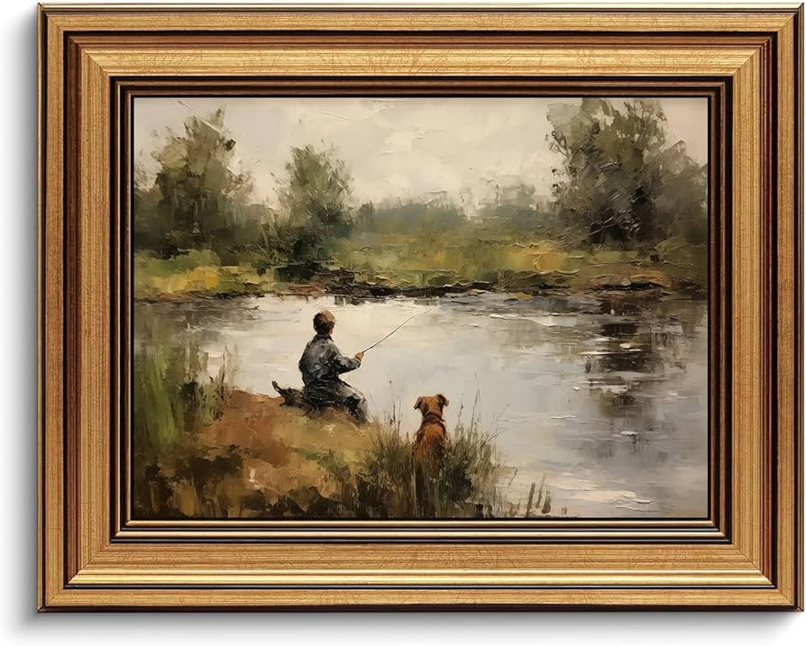 Devunaty Gold Framed Vintage Wall Art Boy Fishing Wall Decor Paintings Funny Dog and Boy Landscap... | Amazon (US)