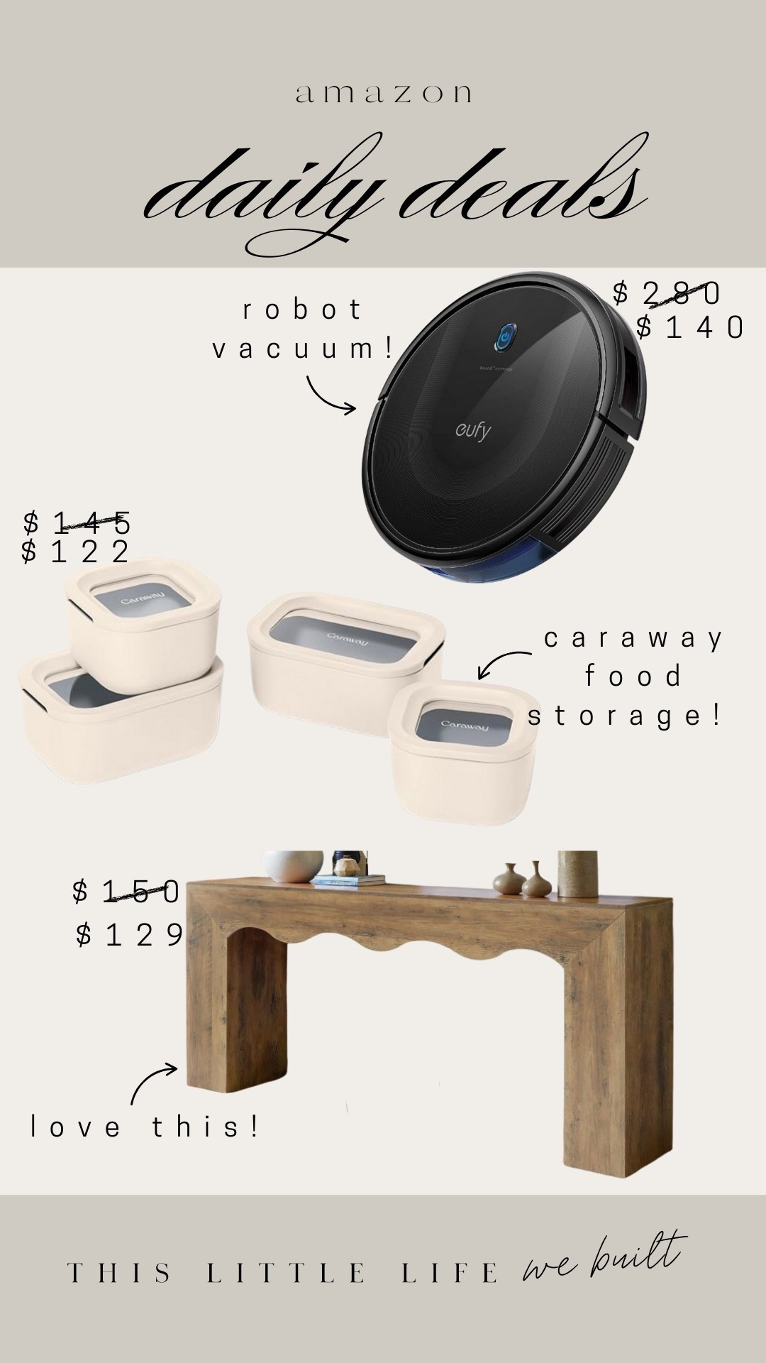 Amazon daily deals! 


Amazon home, affordable home finds, robot vacuum, console table, caraway food storagee

#LTKHome #LTKU #LTKSaleAlert