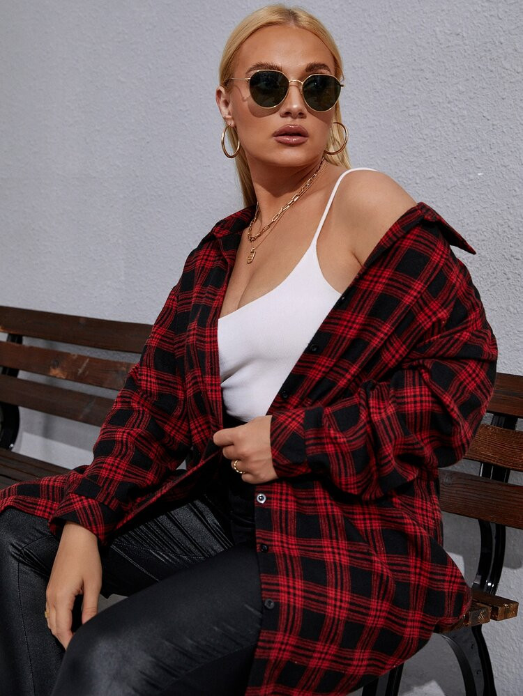 Plus Plaid Drop Shoulder Blouse | SHEIN