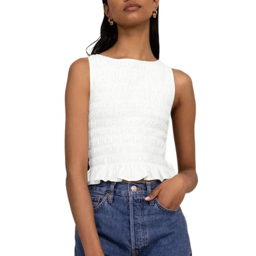 Women Shirred Tank Top Ruffle Sleeveless Tanks Frill Smocked Halter Cami Tops Summer Streetwear | Amazon (US)