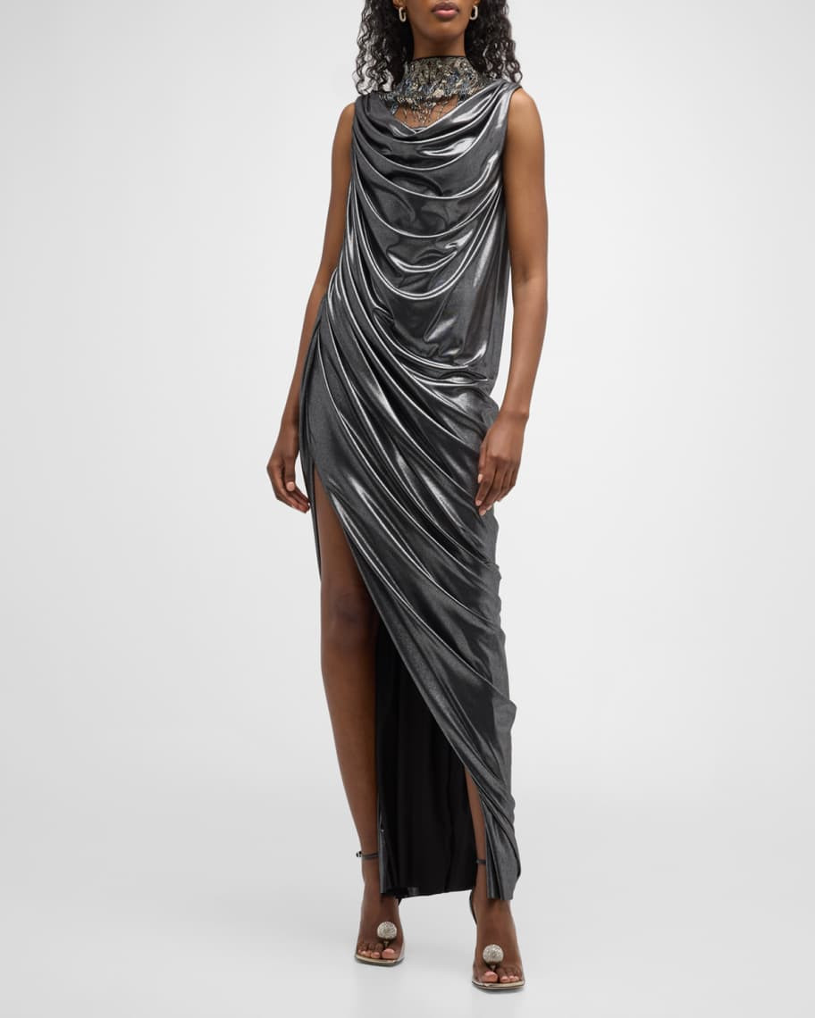 Gaurav Gupta Metallic Beaded Cowl-Illusion Sleeveless Draped Gown | Neiman Marcus