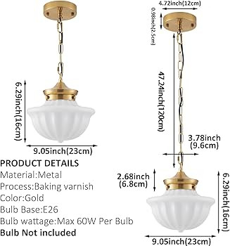 Schoolhouse Pendant Fixtures, 9" Brass Gold Milk Glass Pendant Light, Adjustable Mid Century Ceil... | Amazon (US)