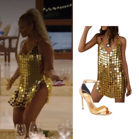 Gizelle Bryant’s Gold Sequin Disk Dress and Gold Sandals