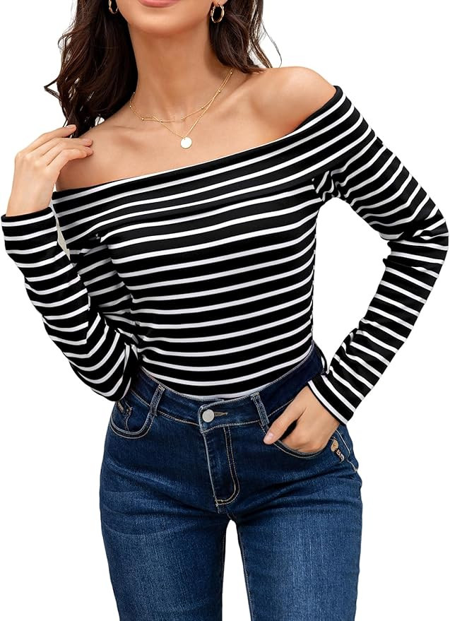 Striped Off The Shoulder Tops for Women Spring Fall Long Sleeve Knit Shirts Slim Fit Sexy Boat Ne... | Amazon (US)