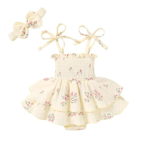 YOUNGER TREE Baby Girl Clothes Infant Summer Romper Dress Sleeveless Bodysuit Jumpsuit with Headband Toddler Outfits (Cream Pink Floral, 6-12 Months) | Amazon (US)