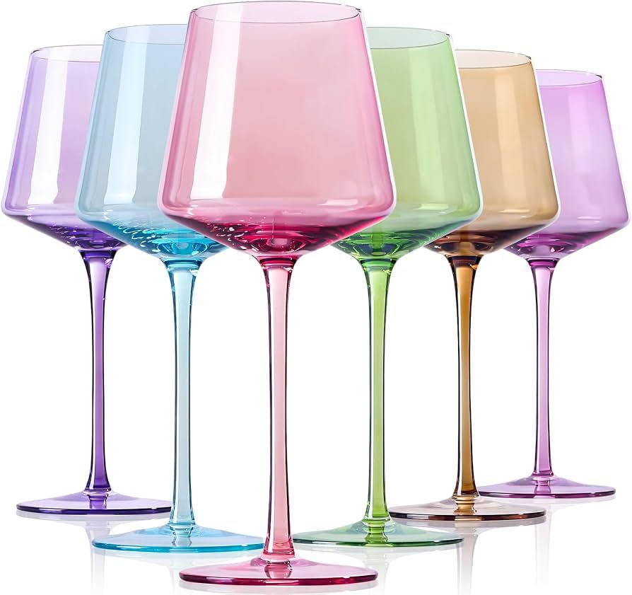 Physkoa Colored Wine Glasses Set 6-16Ounce Colorful Wine Glasses With Tall Long Stem&Flat Bottom,... | Amazon (US)
