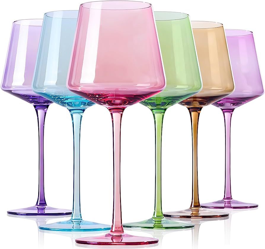 Physkoa Colored Wine Glasses Set 6-16Ounce Colorful Wine Glasses With Tall Long Stem&Flat Bottom,... | Amazon (US)