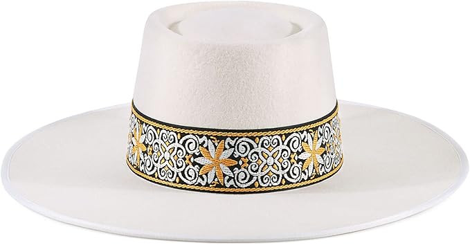 FEMSÉE Pork Pie Hats - Firm Wool Felt Hat for Women Fedora Embroidery Pattern Ribbon Wide Brim H... | Amazon (US)
