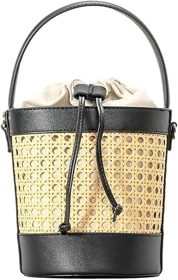 Rattan Bag for Women Straw Tote Bucket Bag PU Leather Summer Beach Bag Holiday Purses | Amazon (US)