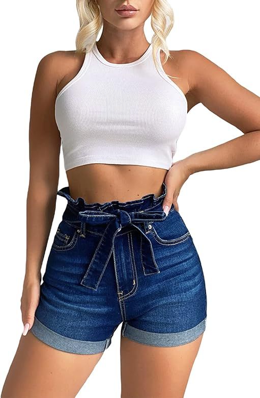 Floerns Women's Paperbag High Waist Roll Hem Straight Leg Belted Denim Shorts | Amazon (US)