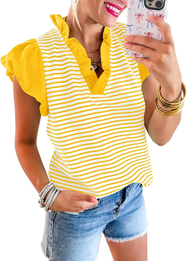 Tankaneo Womens Ruffle Cap Sleeve Tank Tops Cute Summer Striped Shirts Puff Sleeve Pleated V Neck... | Amazon (US)