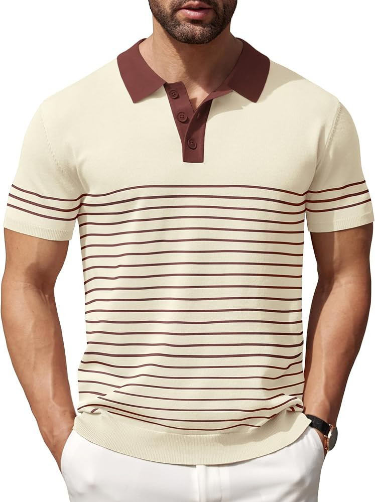 COOFANDY Men's Short Sleeve Polo Shirts Vintage Knitted Shirt Casual Button Down Golf Shirts | Amazon (US)