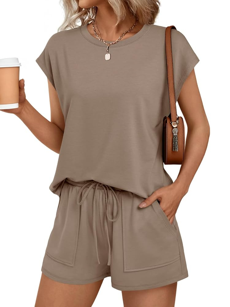 AUTOMET Womens Crew Neck Two Piece short Sets Cap Sleeve Drawstring Summer Sweatsuit with Pocket | Amazon (US)