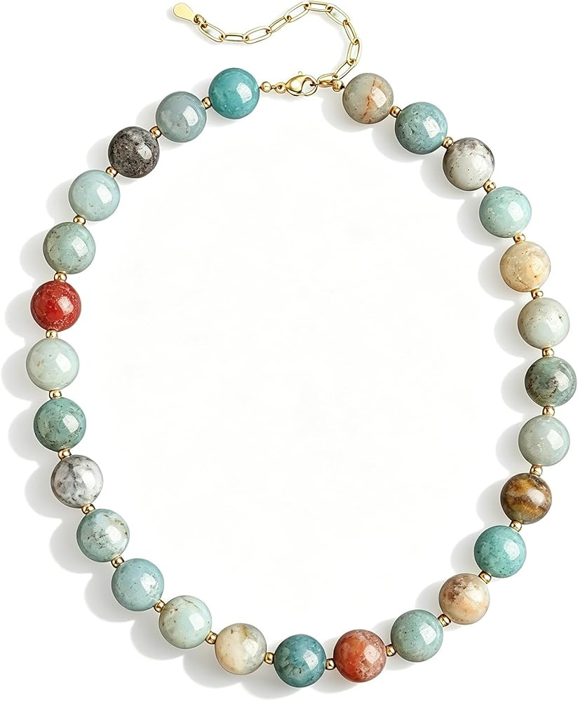 GINAZL Natural Stone Beaded Choker Necklace for Women, Chunky Statement Rainbow Multicolor Gemsto... | Amazon (US)