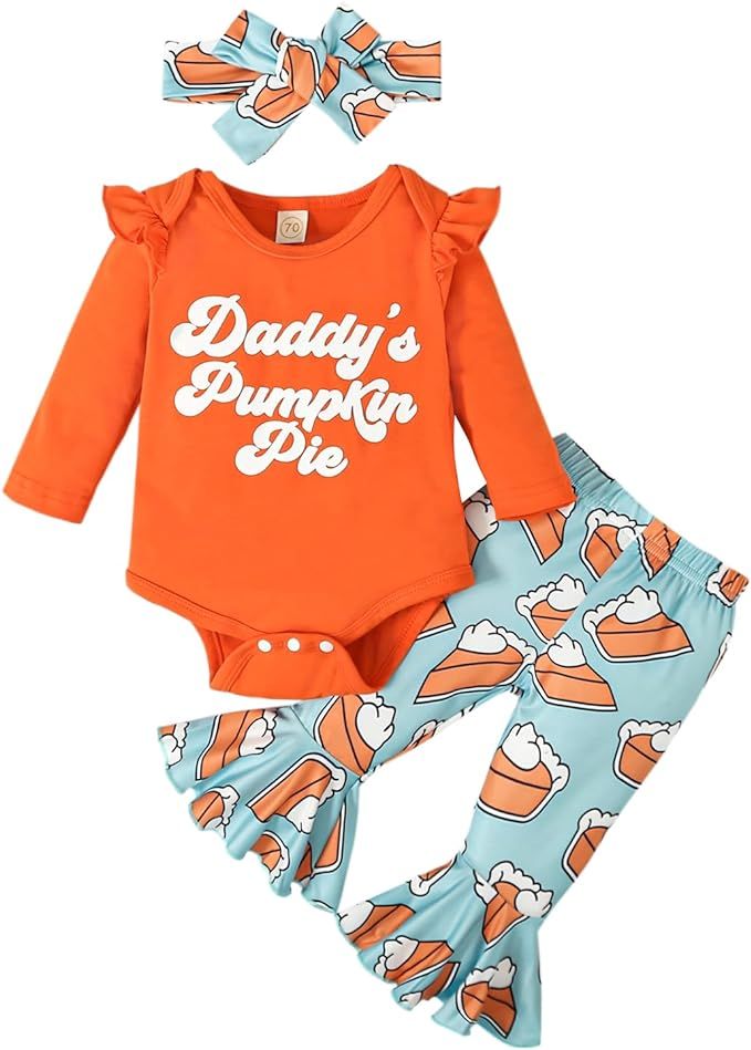 Baby Girl Thanksgiving Outfit Pumpkin Pie Romper+Flare Pants Newborn Girl Turkey Day Clothes 0-18... | Amazon (US)