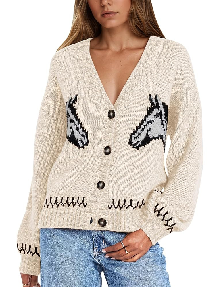 MISSACTIVER Cárdigan de punto con botones y cuello en V para mujer, diseño de caballo, estilo v... | Amazon (US)