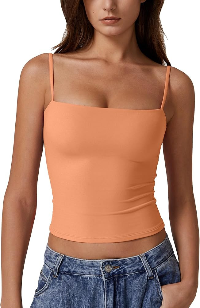 QINSEN Women's Double Lined Basic Tank Top Adjustable Spaghetti Straps Sleeveless Camisole Shirts | Amazon (US)