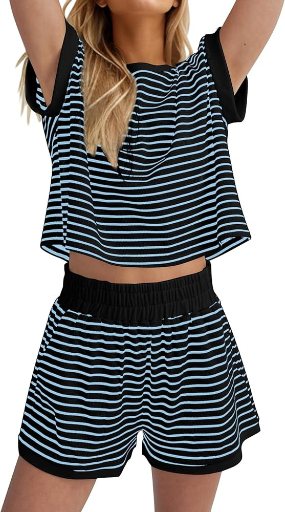 MISSACTIVER 2 Piece Lounge Set Women Stripe Knit Short Sleeve Tee Shirts Shorts Casual Summer Lou... | Amazon (US)