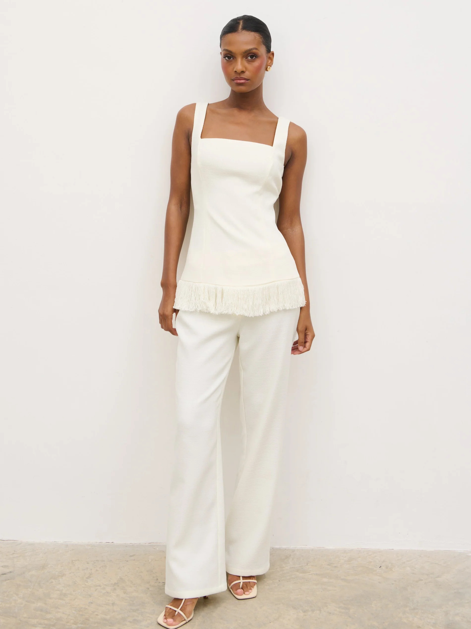 Verona Fringed Tweed Top - Cream | Pretty Lavish (UK)