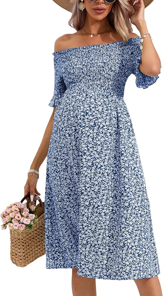 KOJOOIN Women's Maternity Short Sleeve Summer Midi Dress Off Shoulder Smocked Spring Casual Boho ... | Amazon (US)
