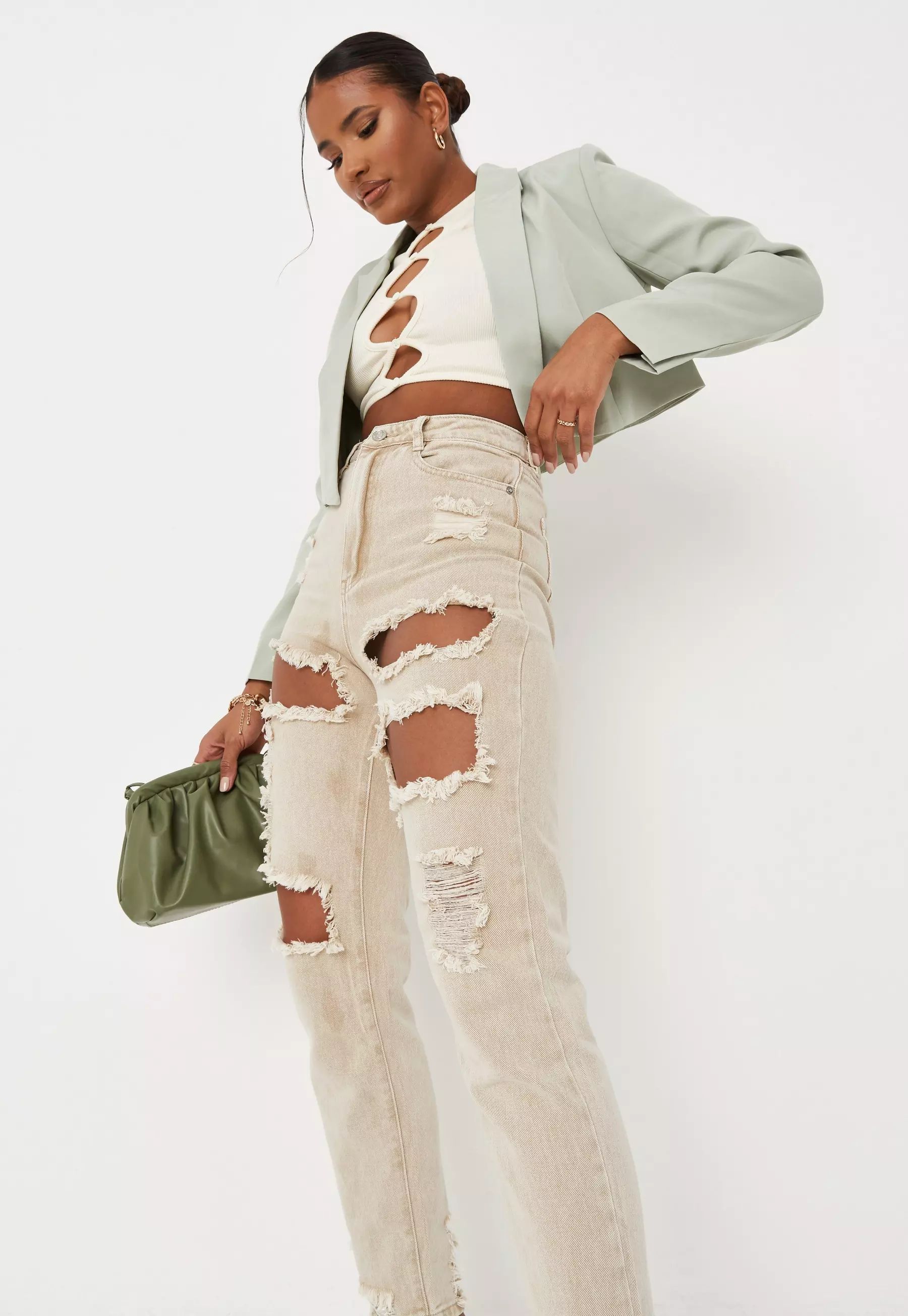 Sand Extreme Ripped Riot Mom Rigid Jeans | Missguided (US & CA)