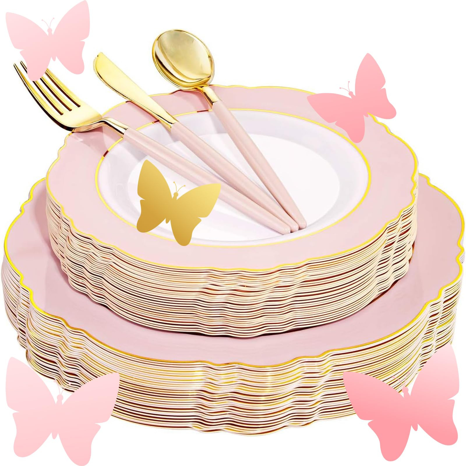 WDF 30Guest Pink Plates Disposable - Hign-end Baroque Design - Gold Plastic Silverware with Handl... | Amazon (US)