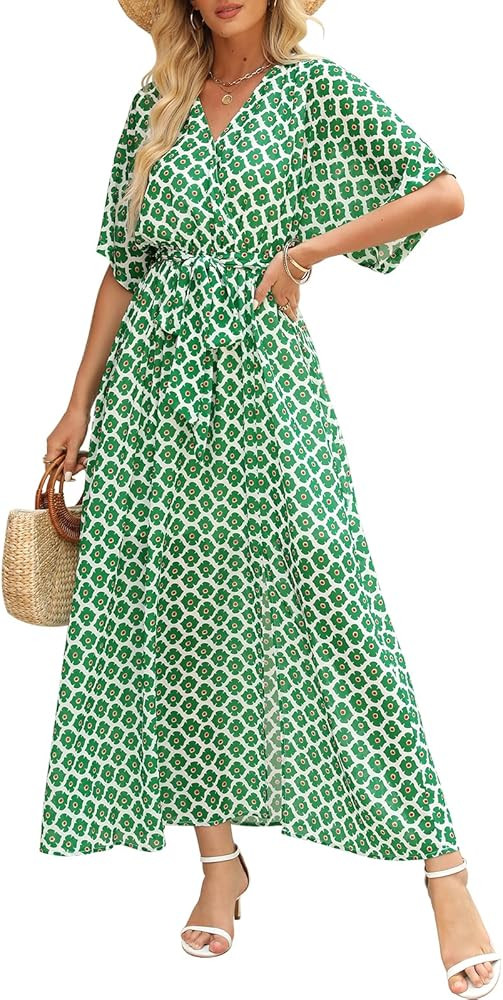 ANRABESS Women’s Summer Loose Boho Flowy Wrap V Neck 3/4 Sleeve Floral Print Slit Beach Wedding... | Amazon (US)