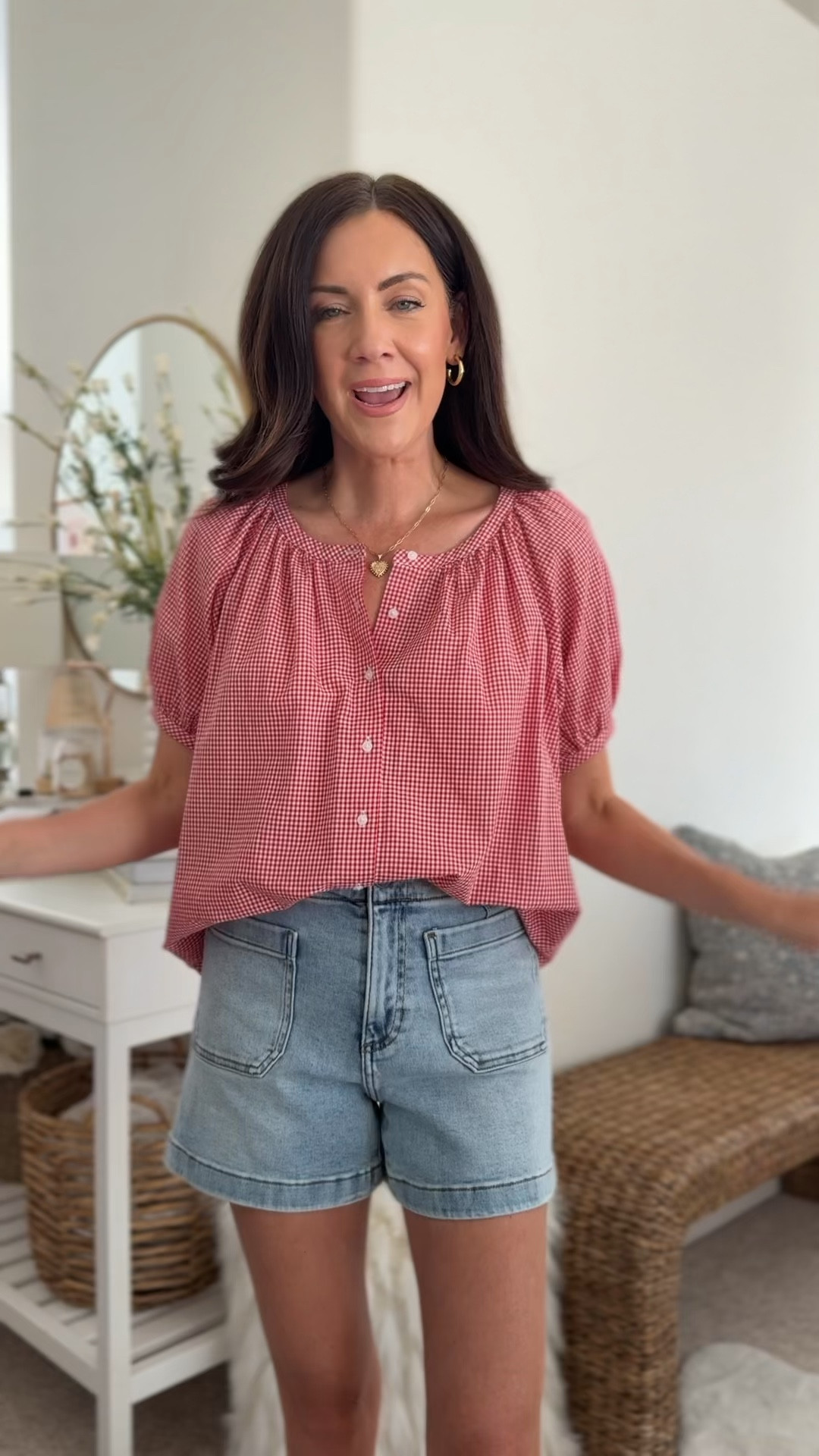 @kohls #kohlspartner #kohls 
Small gingham blouse
Size 2 shorts
Both on sale & perfect for summer! 

#LTKootd #LTKSaleAlert #LTKSeasonal