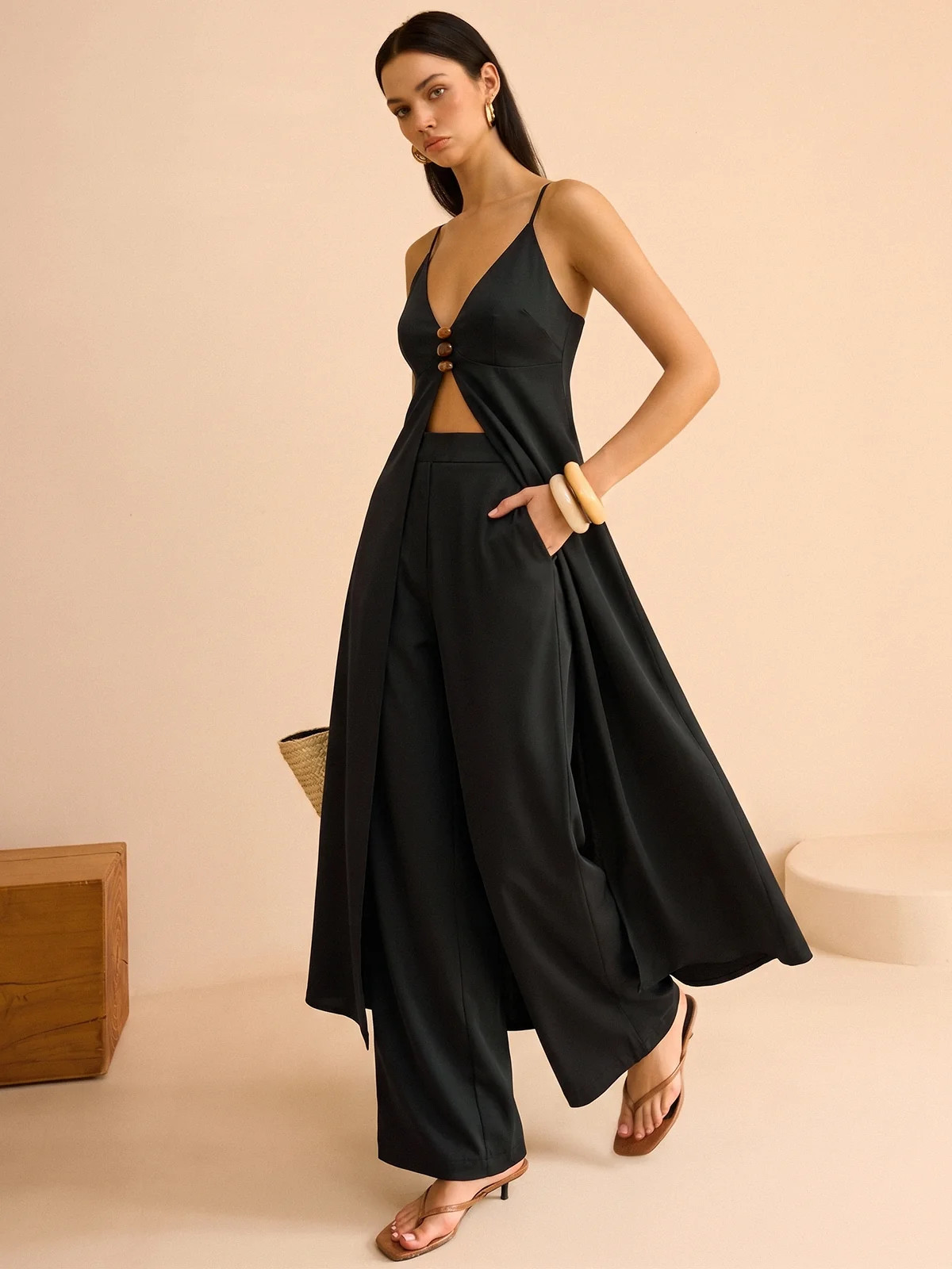 Deep V Cami Long Top & Pants Two Piece Set | Commense