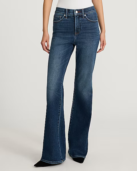 High Waisted Dark Wash Hyper Sculpt '70s Flare Jeans | Express